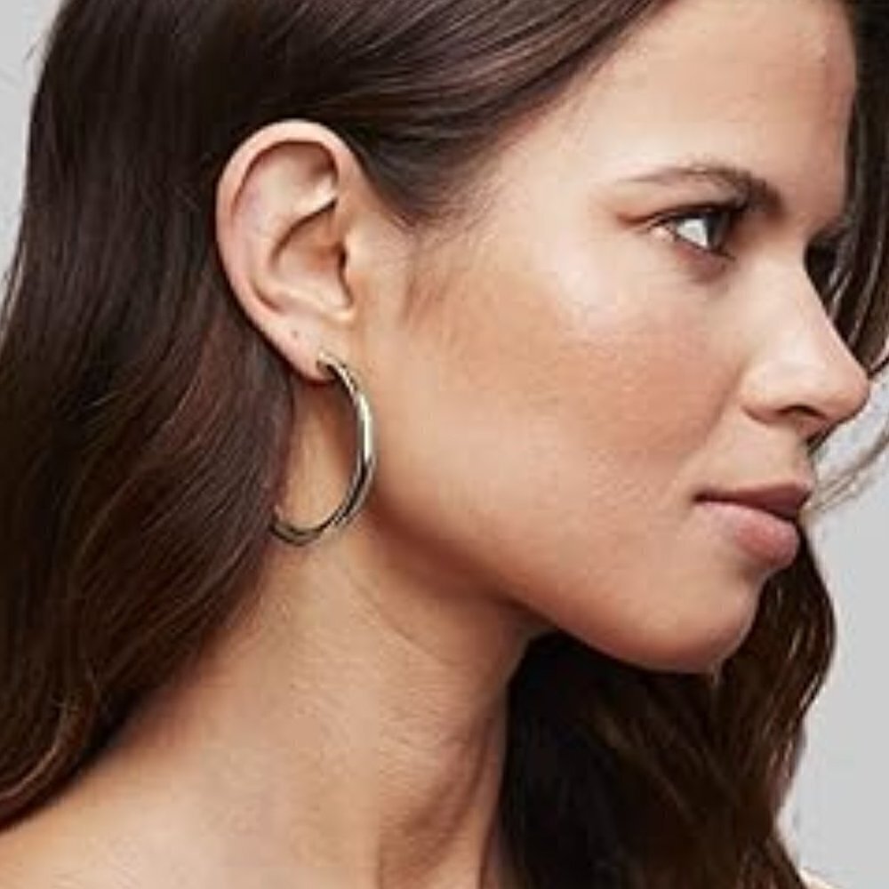 14K White Gold Lightweight Chunky Open Hoop 50mm Earrings Statement Jewelry
